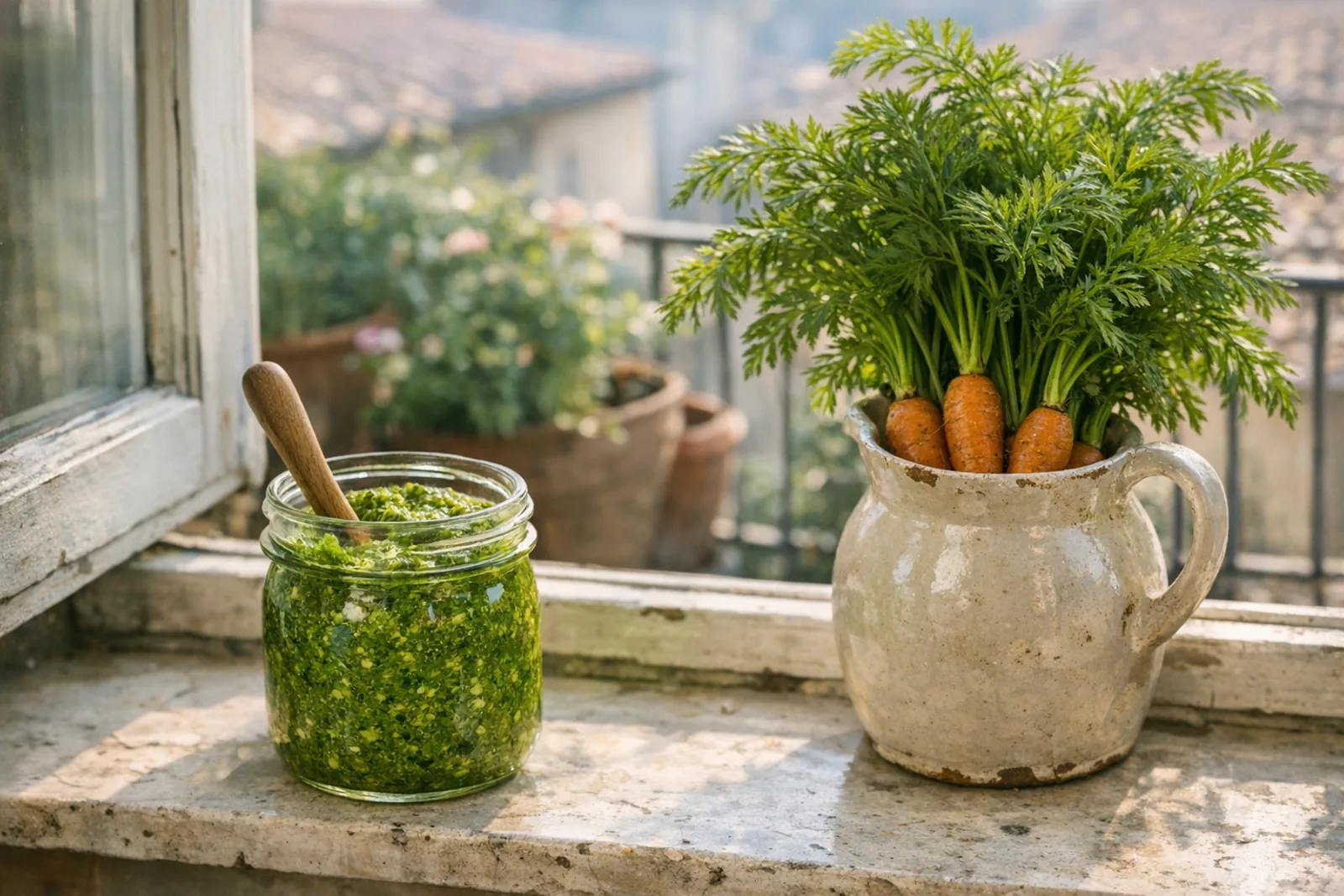 barattolo di pesto sul davanzale