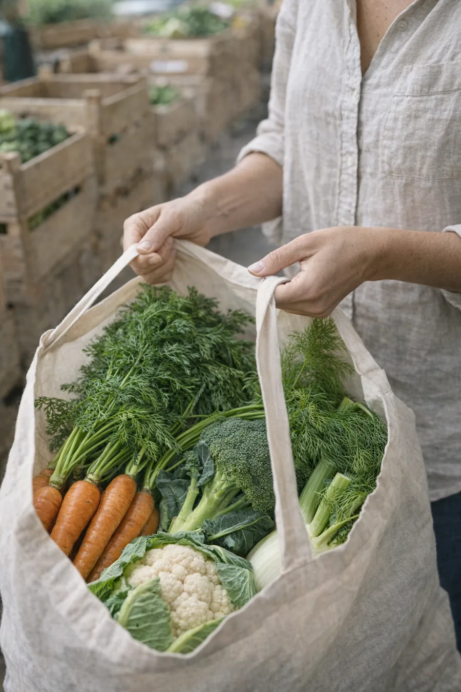 borsa di stoffa piena al mercato